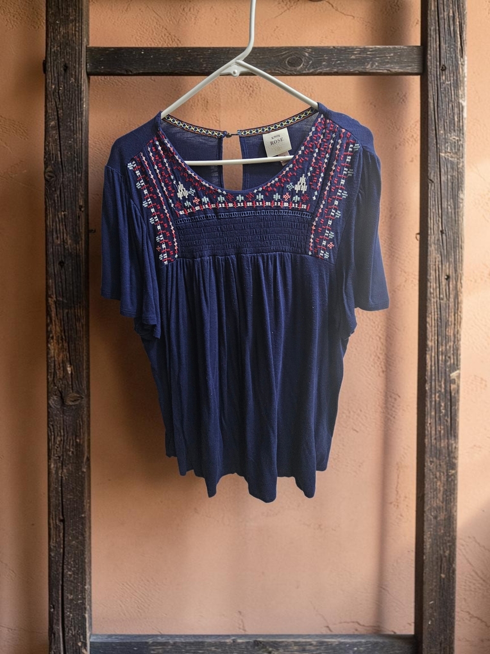 Knox Rose Navy Embroidered Scoop Neck Blouse